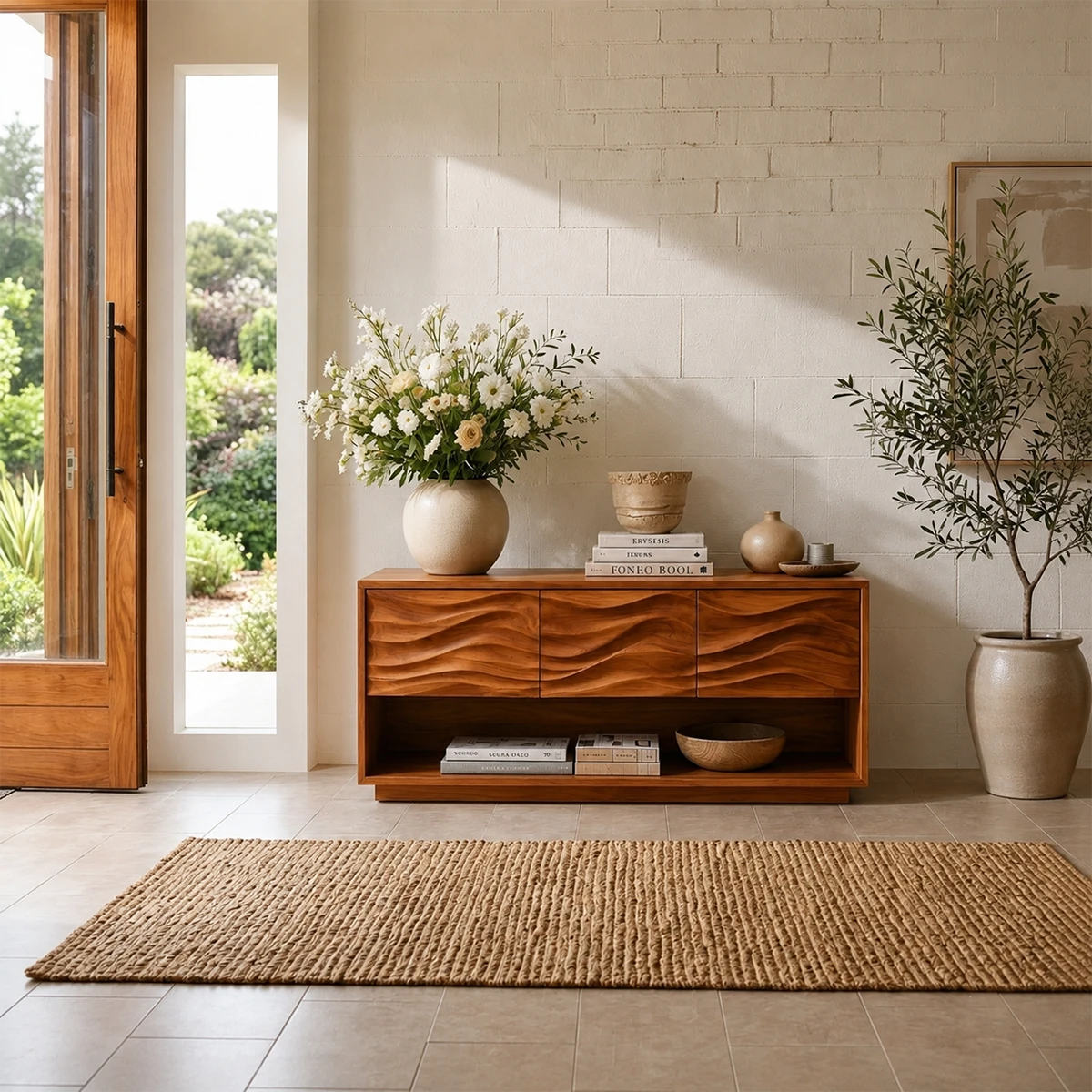 Modern storage console with sculpted drawer design and lower shelf for organization