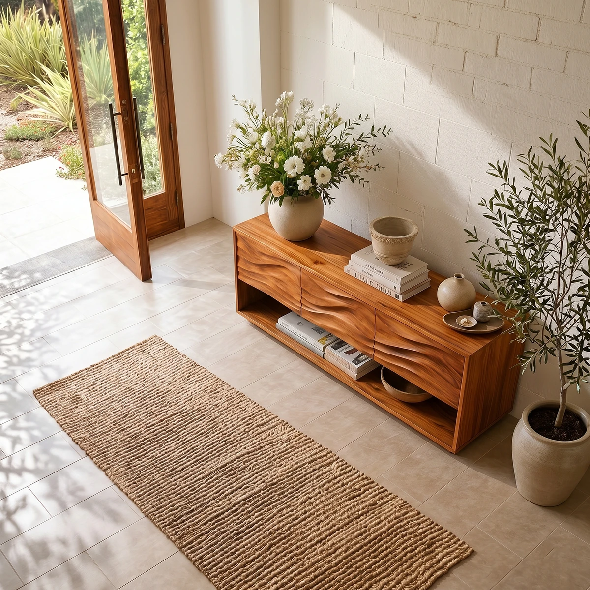 Refined console cabinet with carved wave design and spacious lower storage compartment