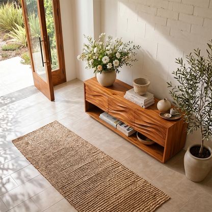 Refined console cabinet with carved wave design and spacious lower storage compartment