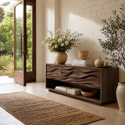 Functional entryway table featuring textured drawer fronts and open display shelf storage