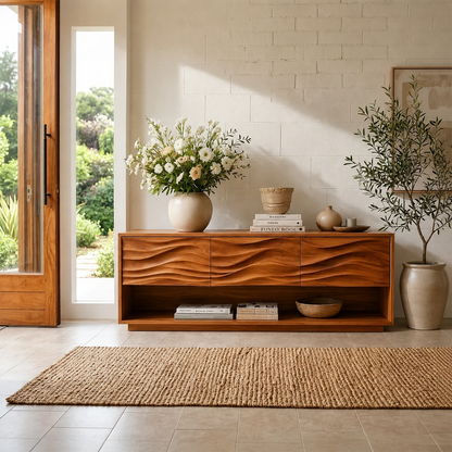 Architectural console table featuring flowing drawer fronts and open shelf storage space