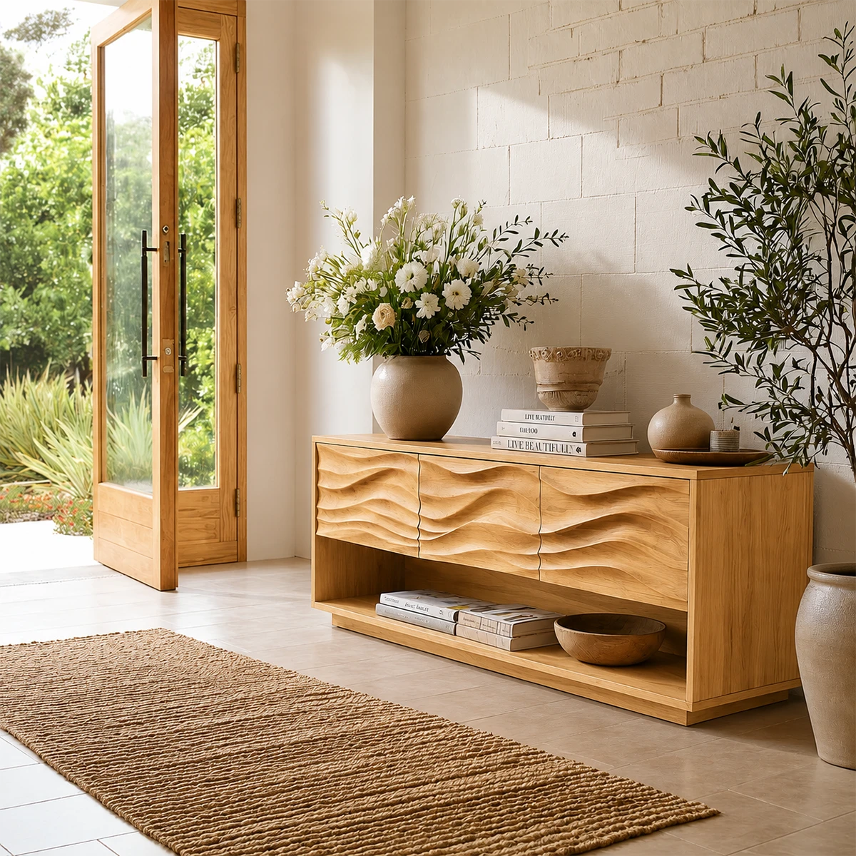 Stylish console table with sculpted wave pattern and accessible lower shelf organization