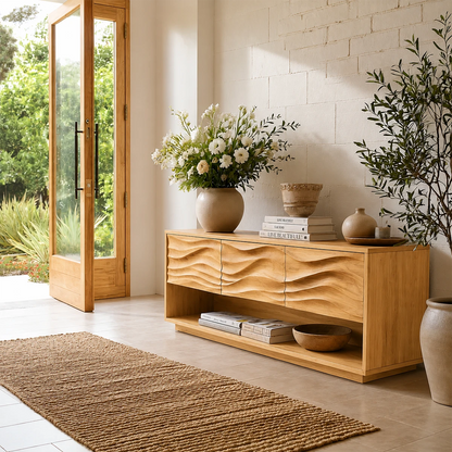 Stylish console table with sculpted wave pattern and accessible lower shelf organization