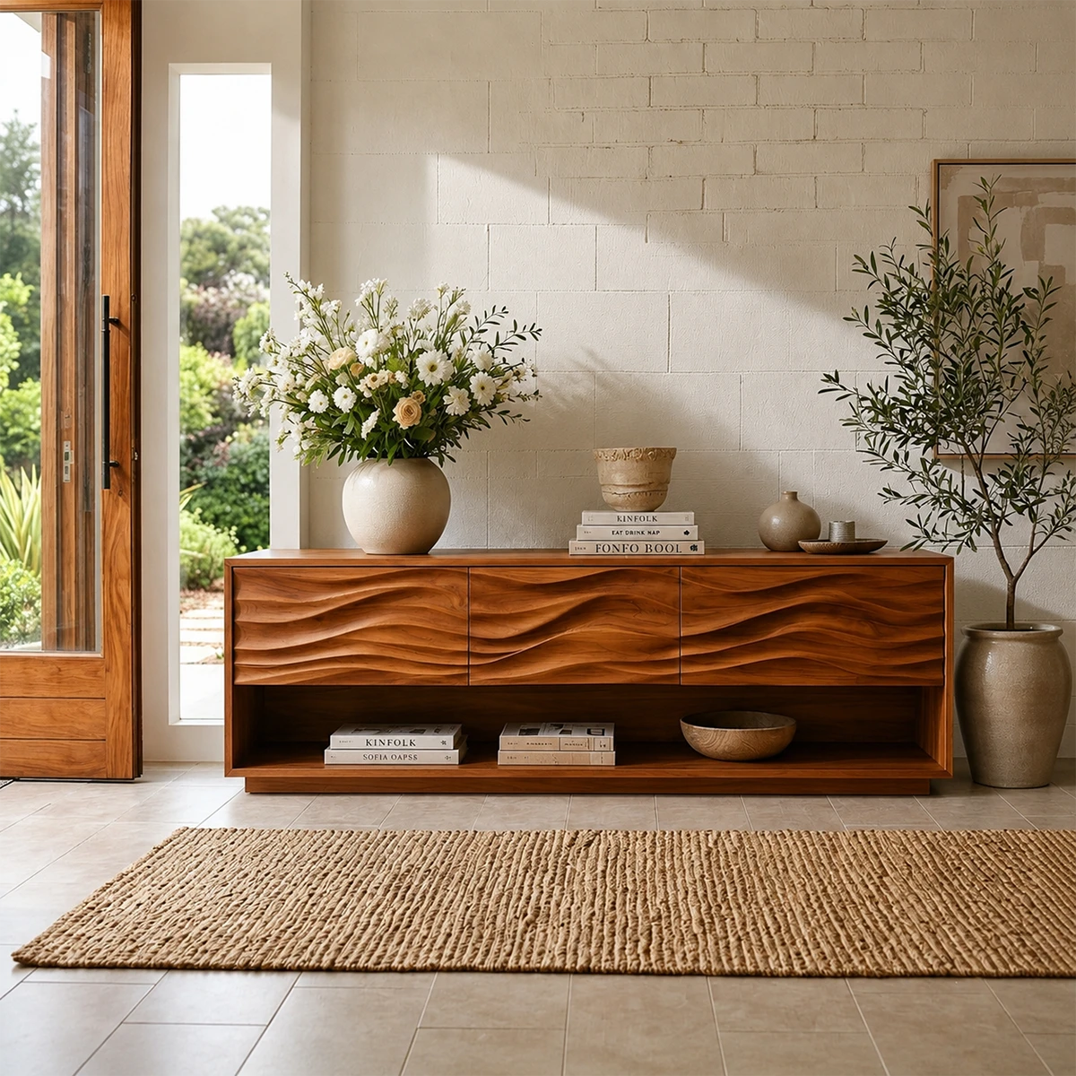 Sophisticated foyer console with carved wave panels and practical lower display storage