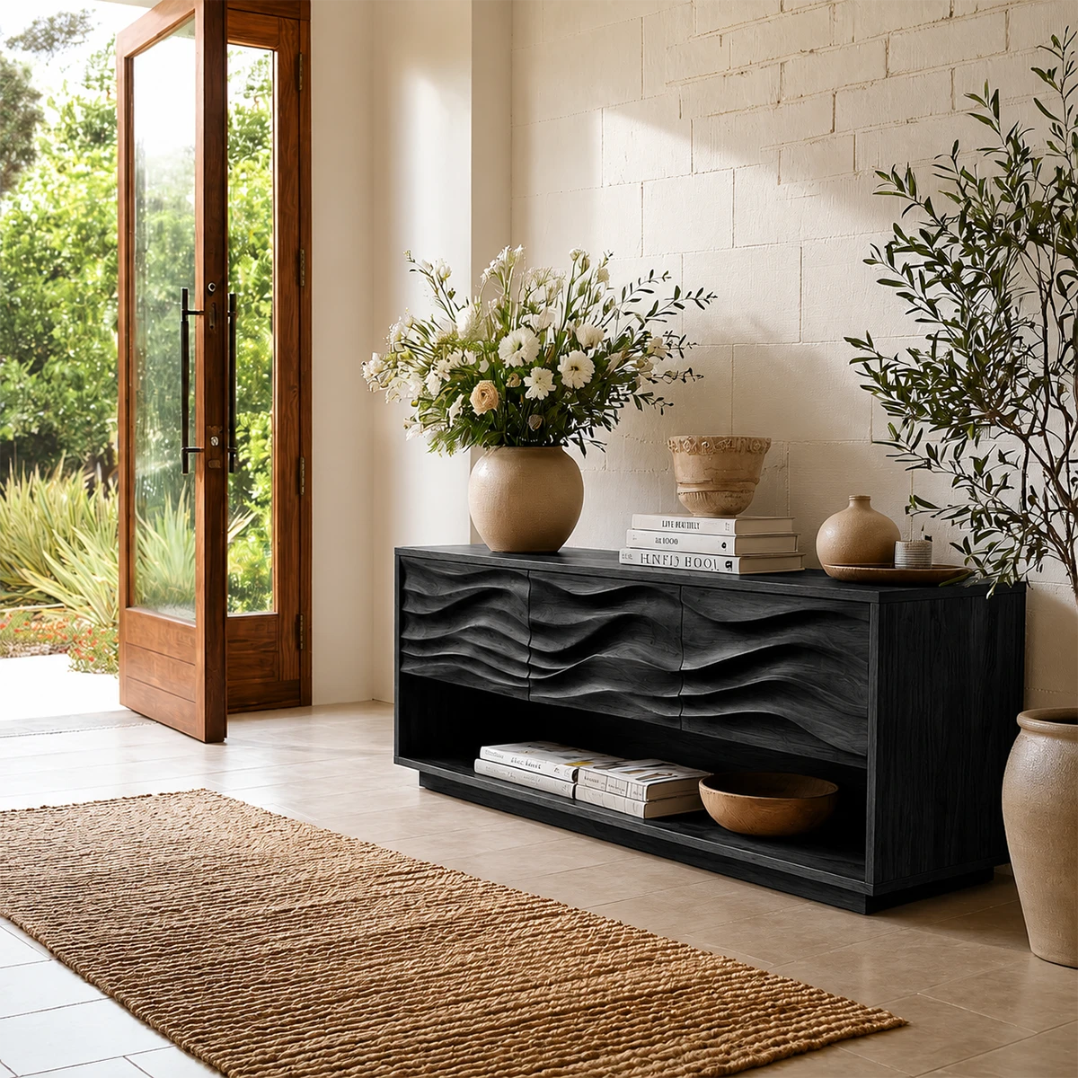 Contemporary accent console offering concealed drawer storage and open shelving space