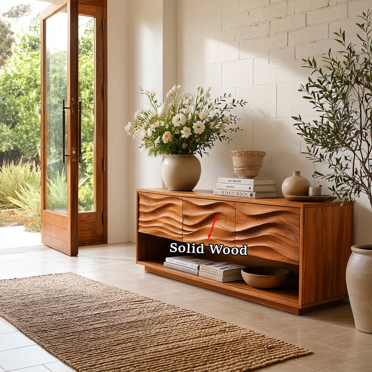 Versatile hallway console with artistic wave detailing and practical display shelf below