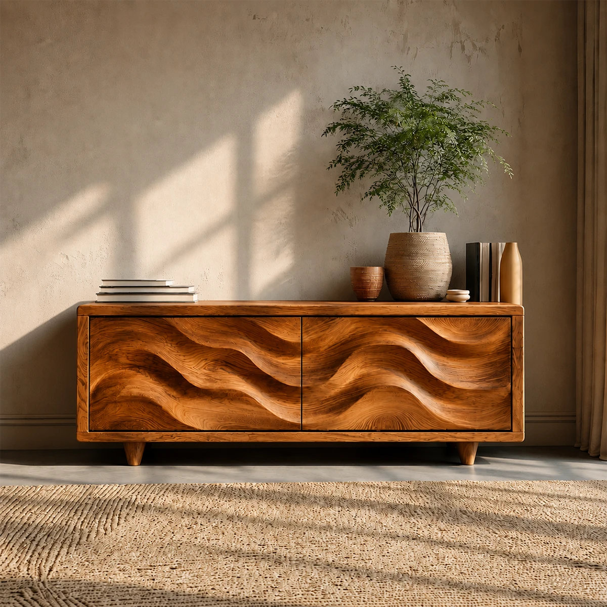 Wave Front Natural Solid Wood TV Stand with Hidden Storage and Low Profile - ArborisWood - 13