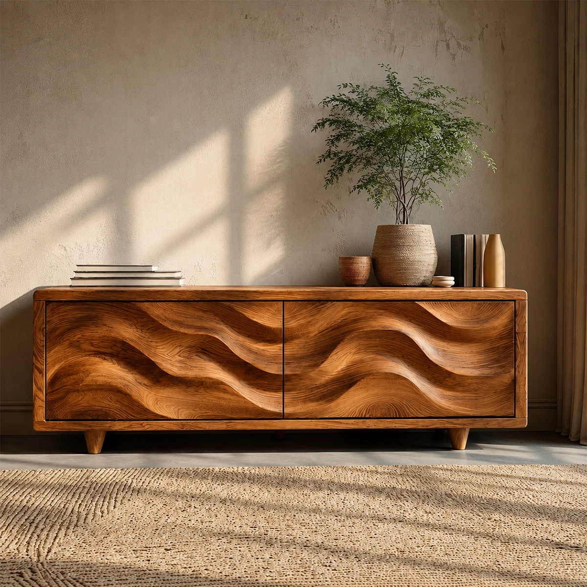 Wave Front Natural Solid Wood TV Stand with Hidden Storage and Low Profile - ArborisWood - 14