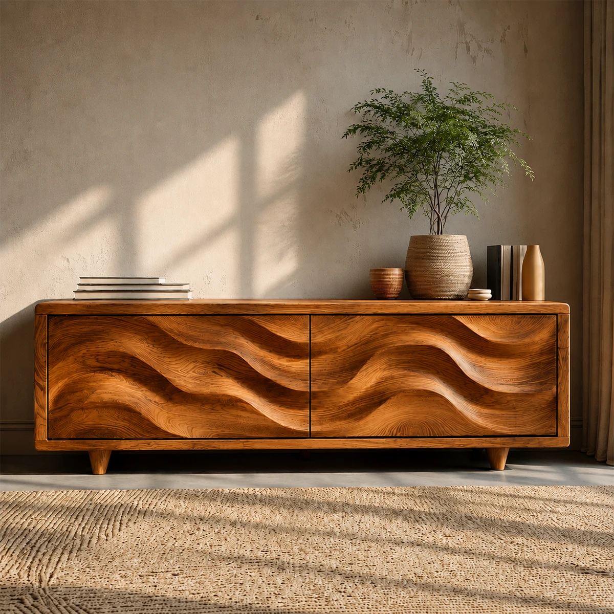 Wave Front Natural Solid Wood TV Stand with Hidden Storage and Low Profile - ArborisWood - 15
