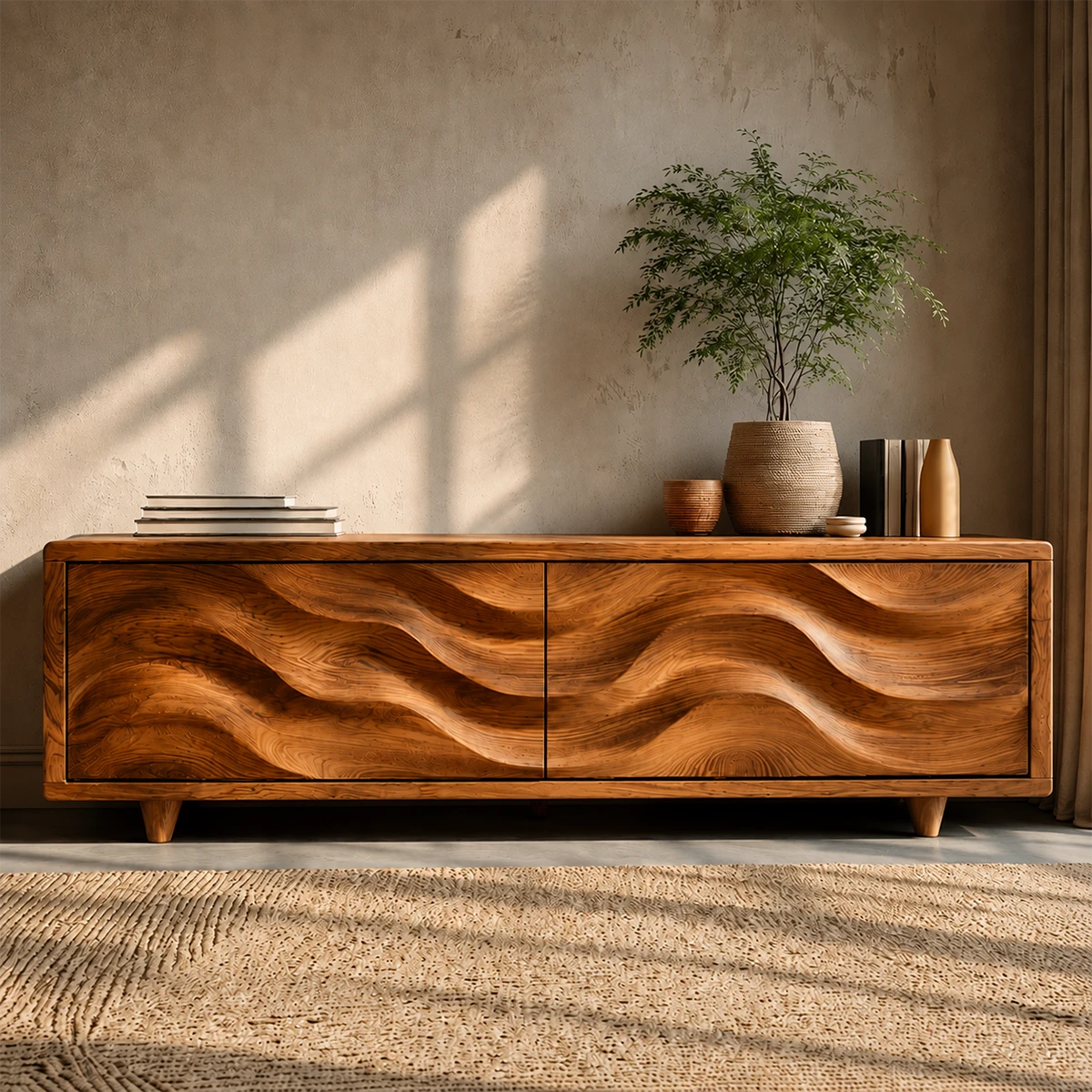 Wave Front Natural Solid Wood TV Stand with Hidden Storage and Low Profile - ArborisWood - 16