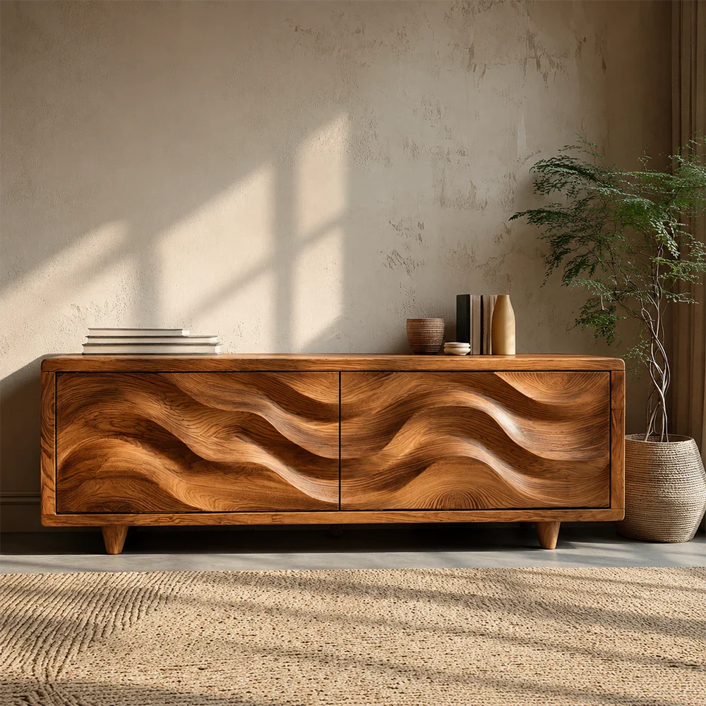 Wave Front Natural Solid Wood TV Stand with Hidden Storage and Low Profile - ArborisWood - 3