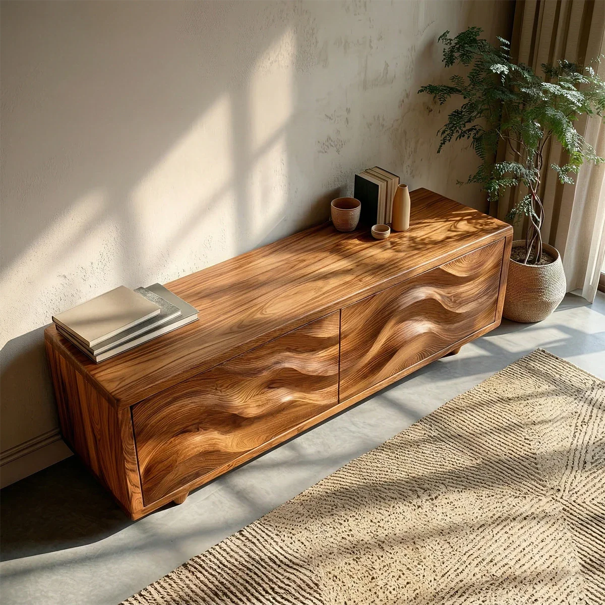 Wave Front Natural Solid Wood TV Stand with Hidden Storage and Low Profile - ArborisWood - 6