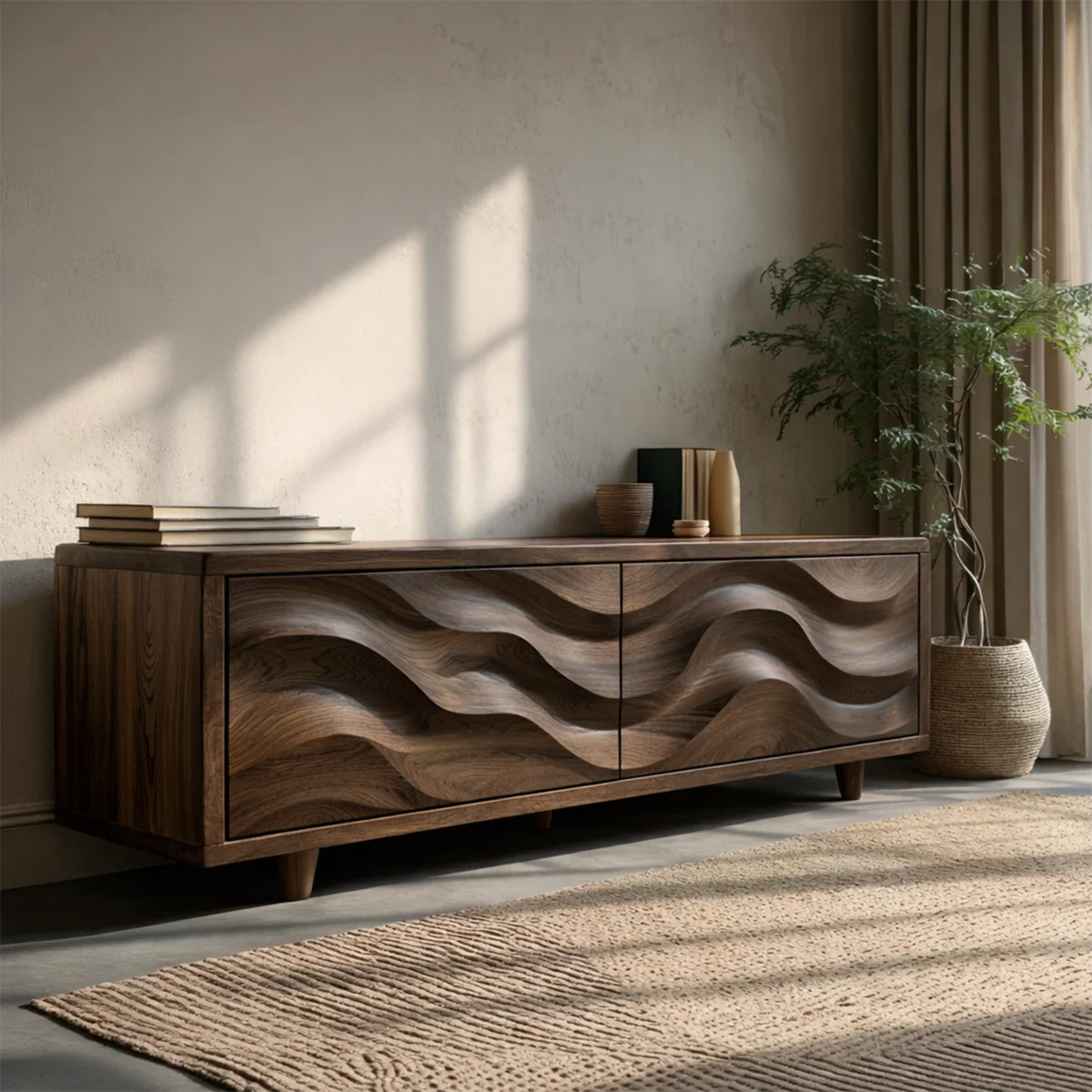 Wave Front Natural Solid Wood TV Stand with Hidden Storage and Low Profile - ArborisWood - 7
