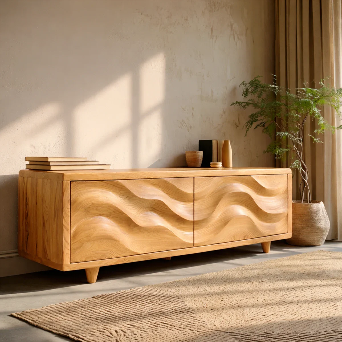 Wave Front Natural Solid Wood TV Stand with Hidden Storage and Low Profile - ArborisWood - 8