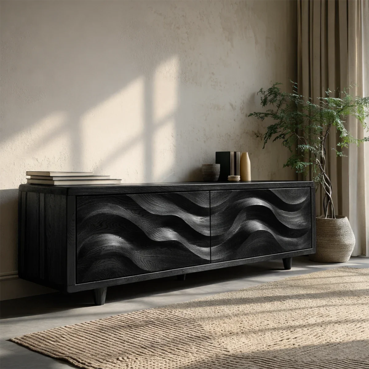 Wave Front Natural Solid Wood TV Stand with Hidden Storage and Low Profile - ArborisWood - 9