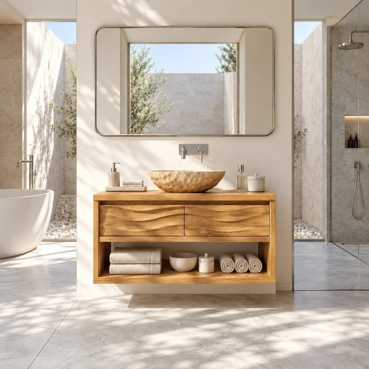 Natural solid wood bathroom console with wave carved front and towel storage below