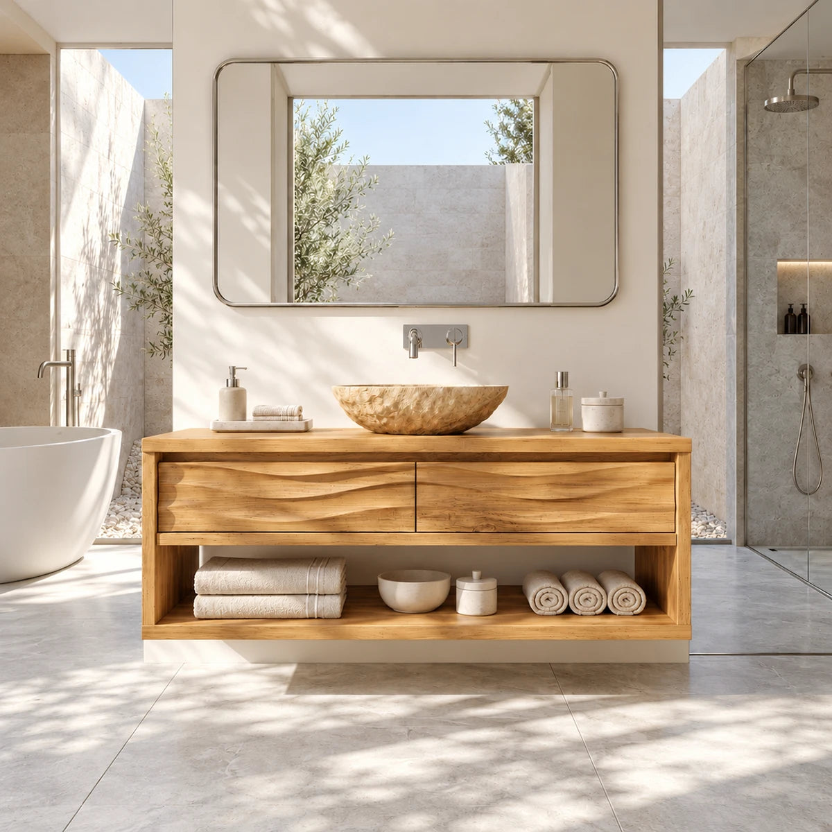 Refined bath storage vanity in natural solid wood with sculpted front panels below