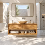 Refined bath storage vanity in natural solid wood with sculpted front panels below
