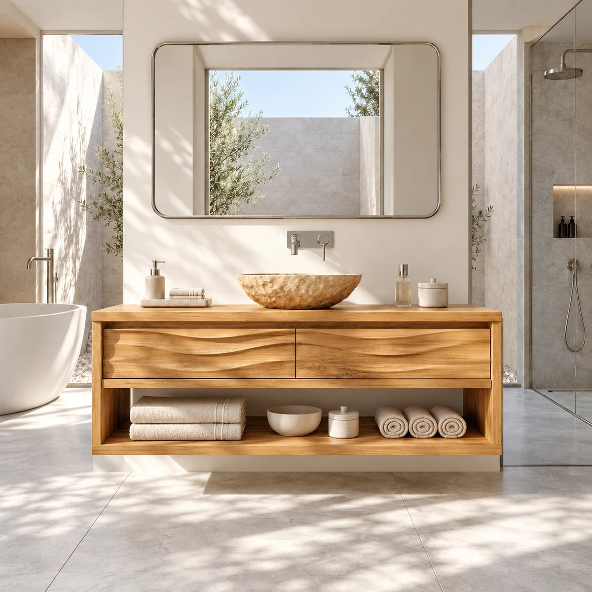 Designer bathroom vanity cabinet in natural solid wood with open lower shelf storage