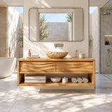 Designer bathroom vanity cabinet in natural solid wood with open lower shelf storage