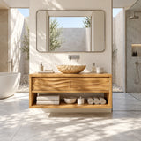 Sculpted front bathroom vanity in natural solid wood with open shelf storage below