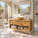 Contemporary vanity cabinet in natural solid wood with carved texture and shelving
