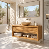 Open shelf bath vanity in natural solid wood with two sculpted drawer style fronts