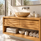 Textured bath cabinet in natural solid wood with flowing fronts and base storage
