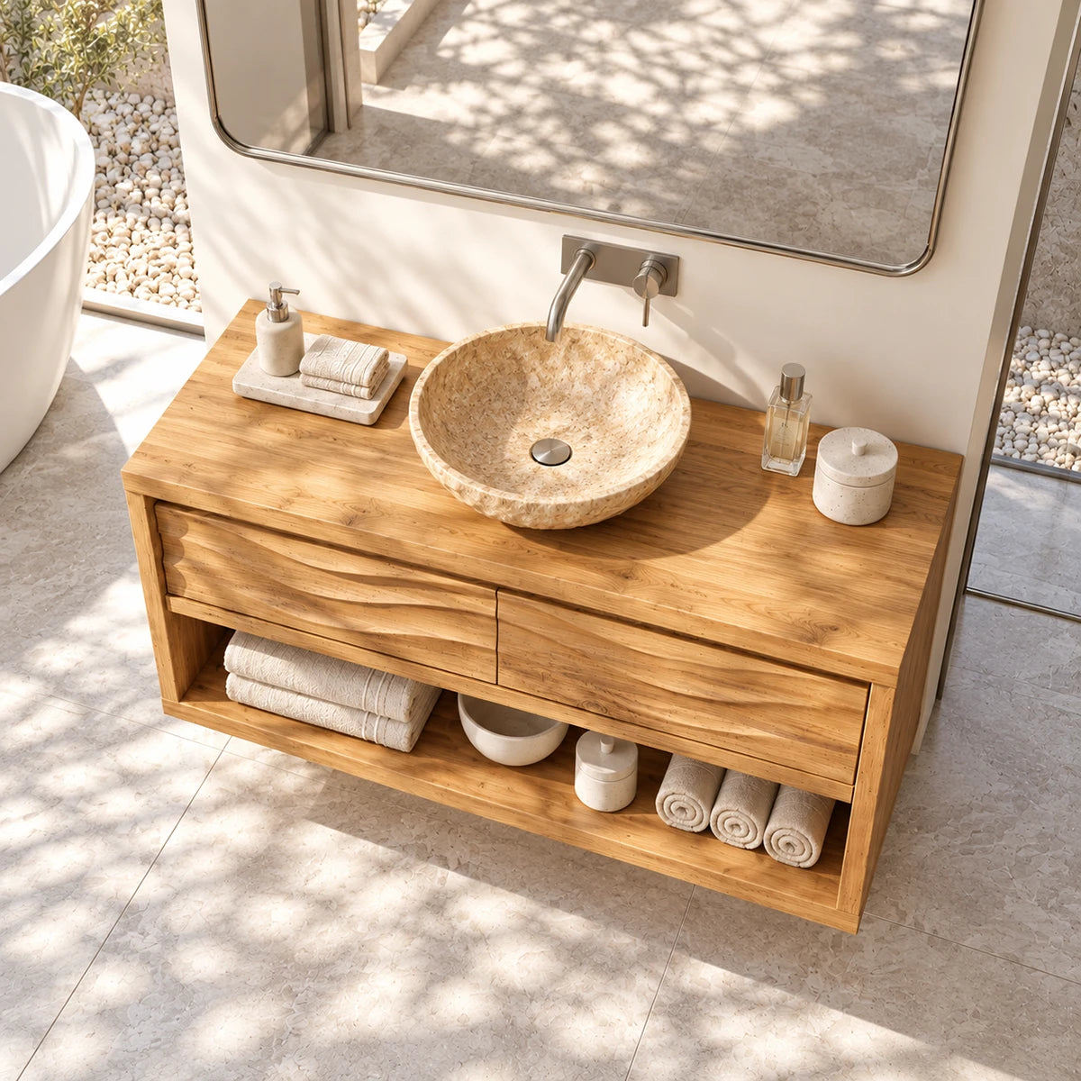 Organic modern bathroom vanity in natural solid wood with carved wave detailing front