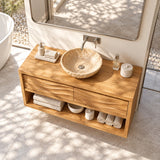 Organic modern bathroom vanity in natural solid wood with carved wave detailing front
