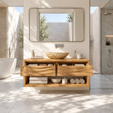 Freestanding vanity unit in natural solid wood with sculpted panels and open storage