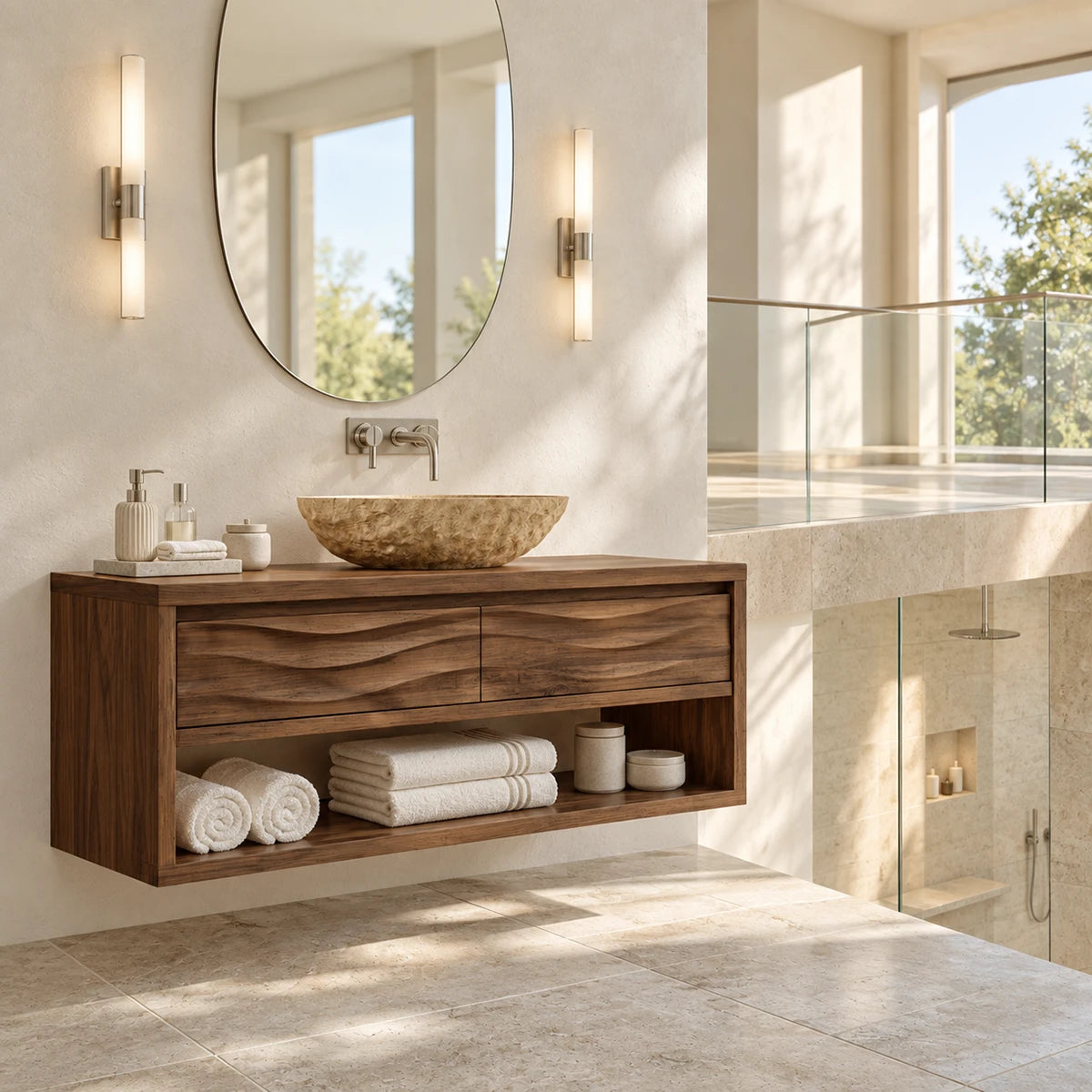 Architectural bath furniture in natural solid wood with wave front design and shelf