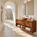 Minimalist bathroom cabinet in natural solid wood with open base shelf for storage
