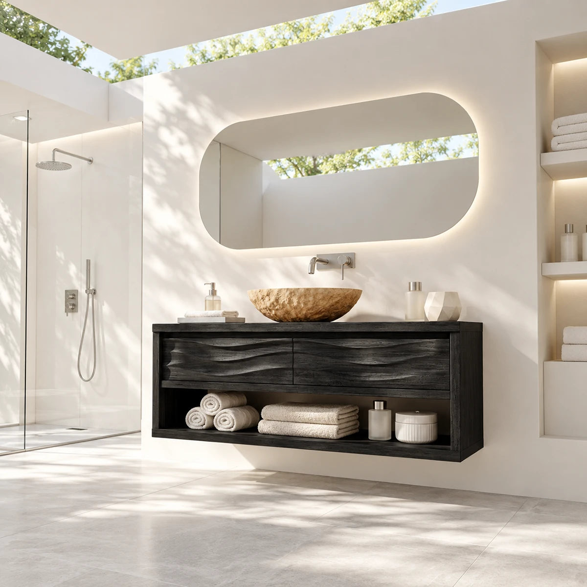 Statement bath vanity console in natural solid wood with sculpted double front panels