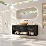 Statement bath vanity console in natural solid wood with sculpted double front panels