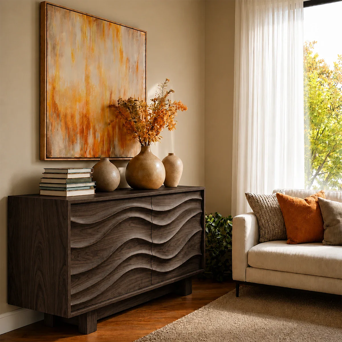 Architectural storage sideboard with sculptural front panels and modern appeal
