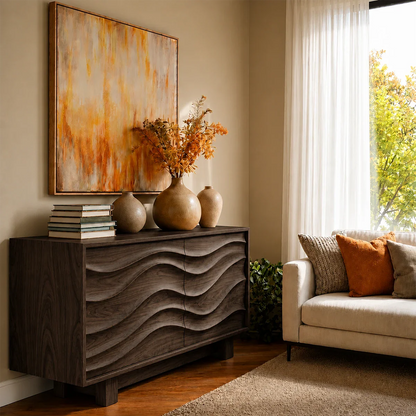 Architectural storage sideboard with sculptural front panels and modern appeal