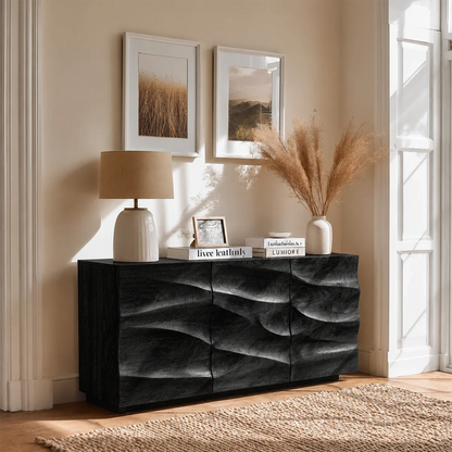 Statement buffet cabinet with flowing carved surfaces and balanced modern proportions
