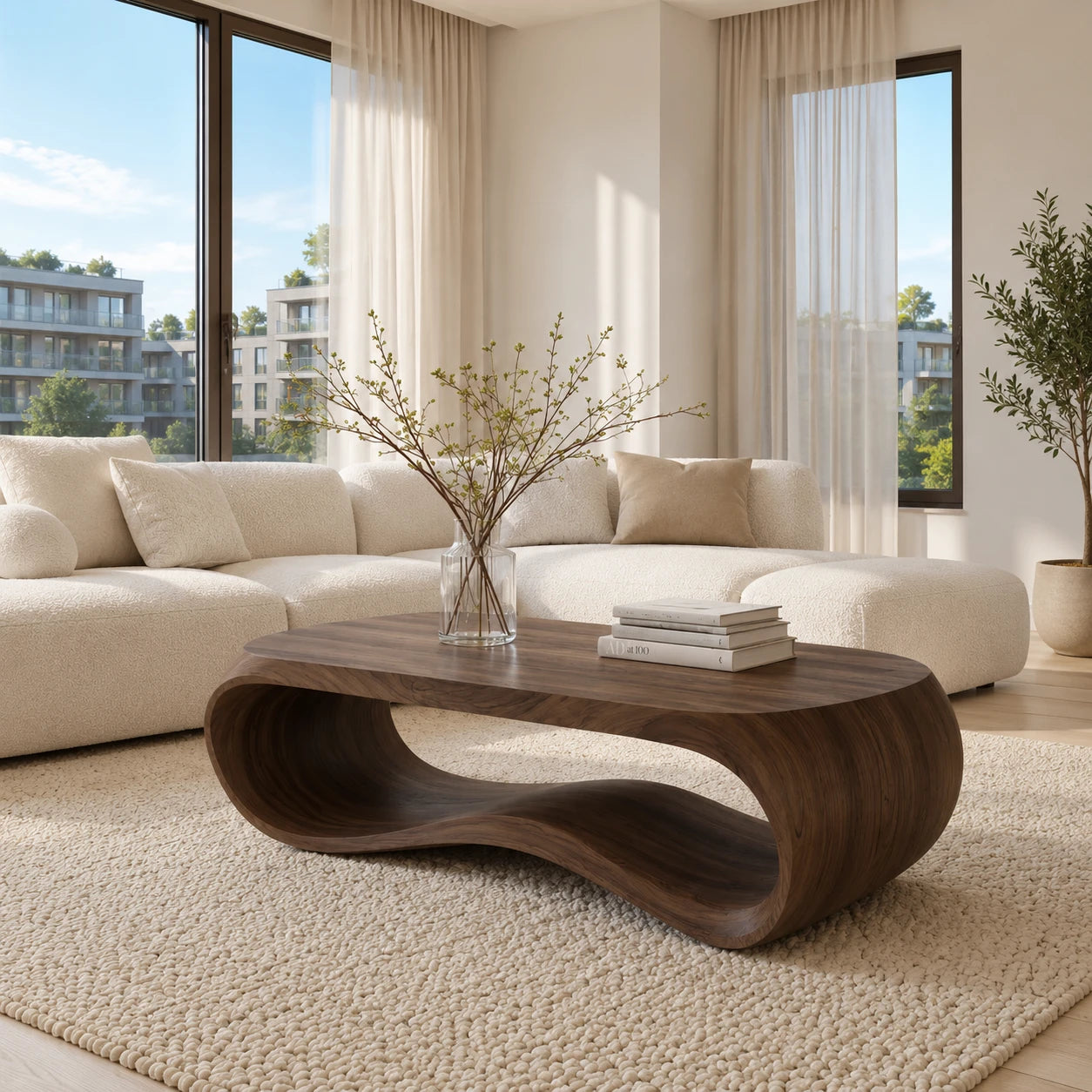 Sculptural coffee table with flowing solid wood curves for a calm modern living room