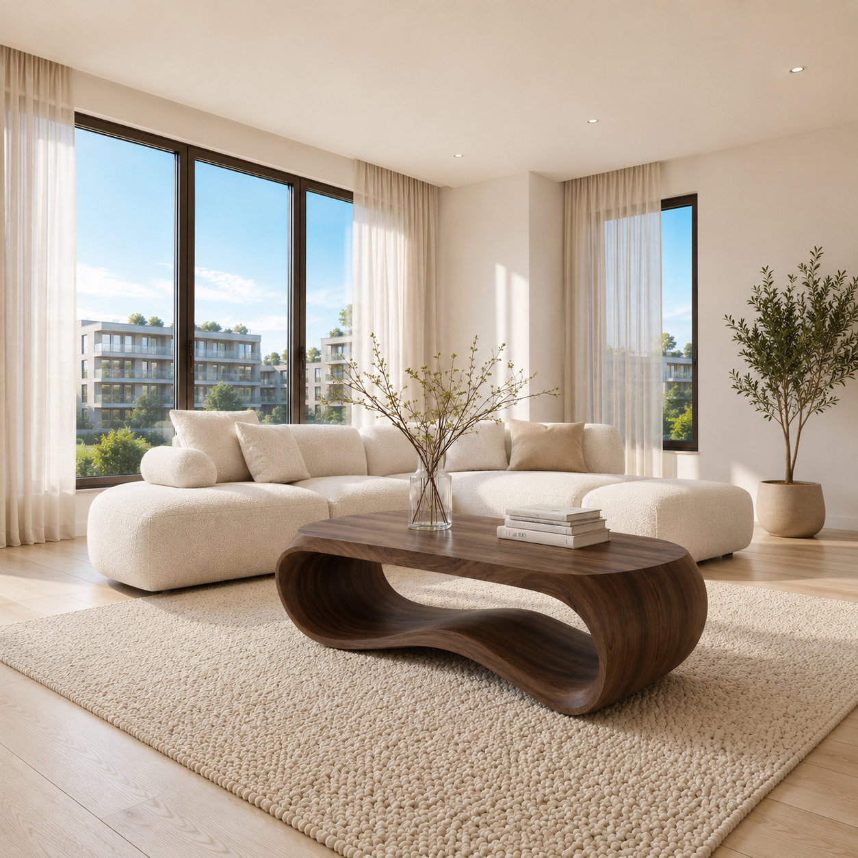 Handcrafted coffee table with wave inspired base and smooth solid wood top design