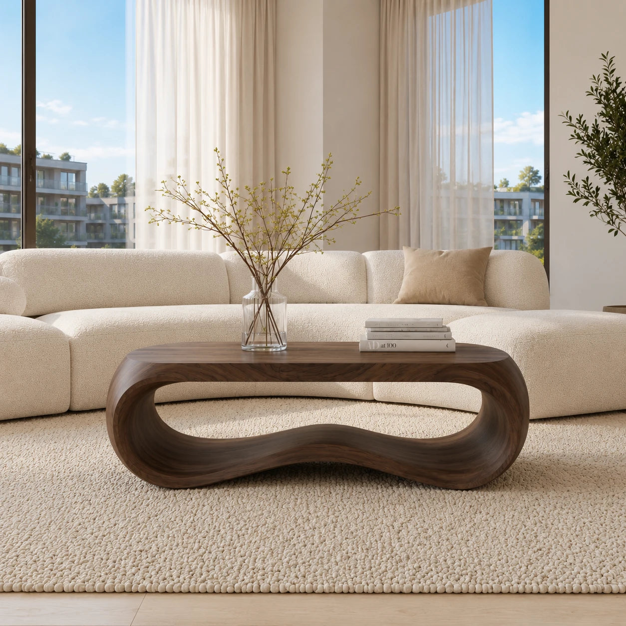 Modern coffee table with continuous curved form and open center for refined interiors