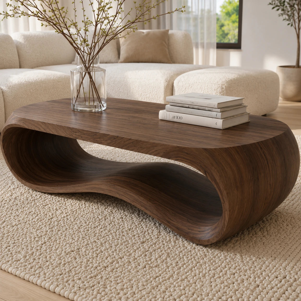 Organic coffee table with sculpted loop base and handcrafted solid wood construction