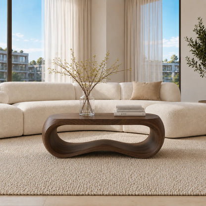 Minimalist coffee table with seamless wave form and solid wood craft for serene interiors