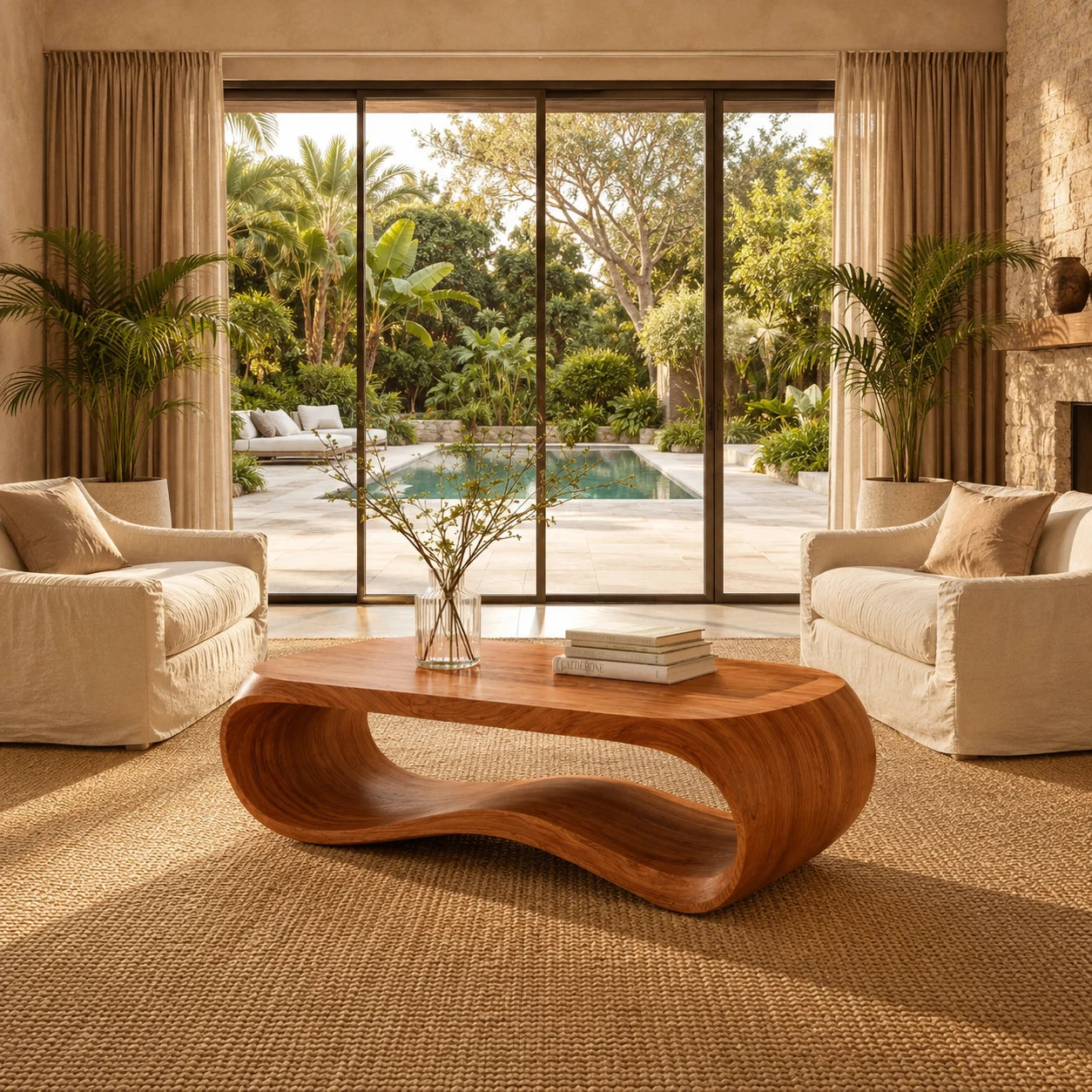 Low profile coffee table with rounded top and artistic solid wood frame for modern rooms