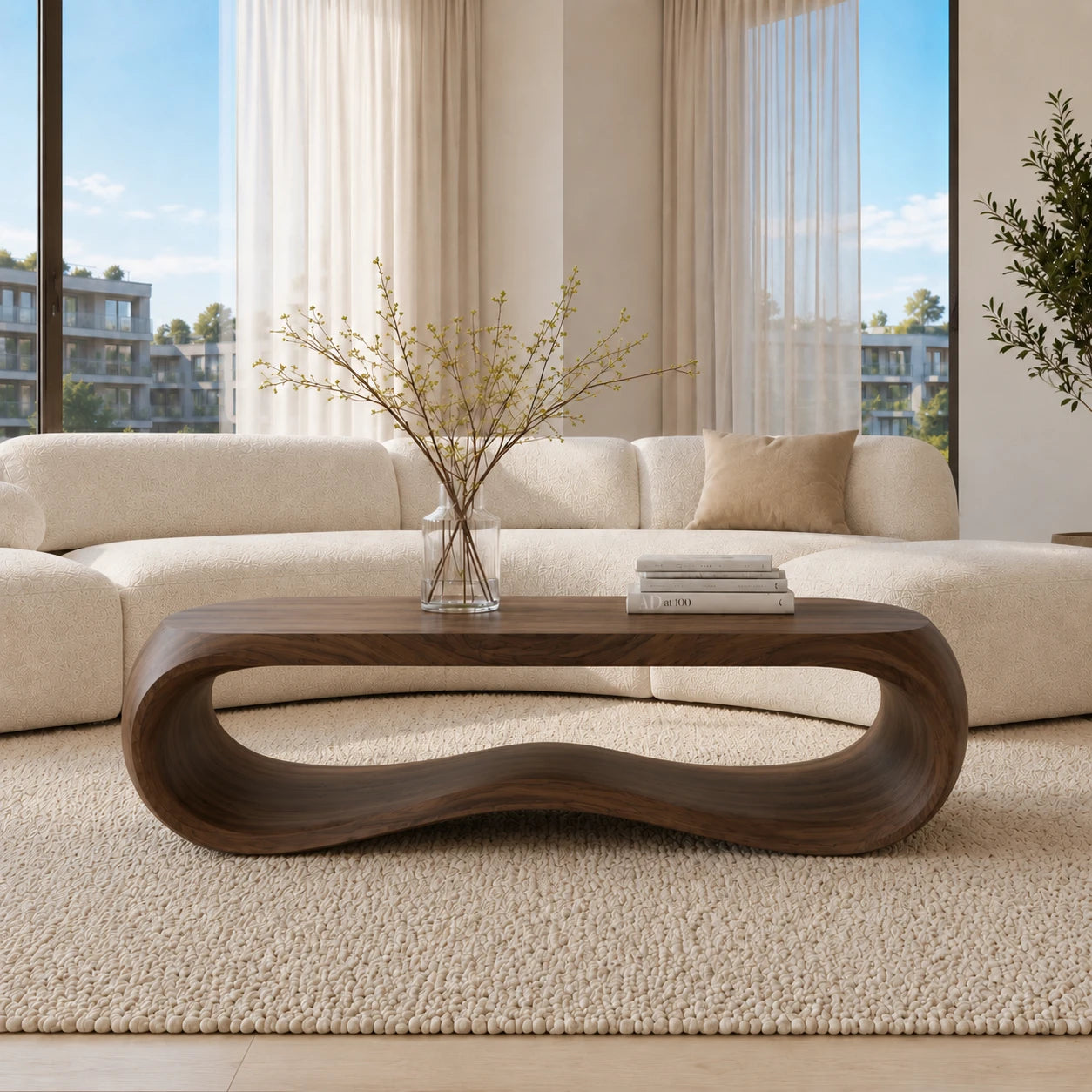 Premium coffee table with rounded edges and dramatic flowing base for upscale living rooms
