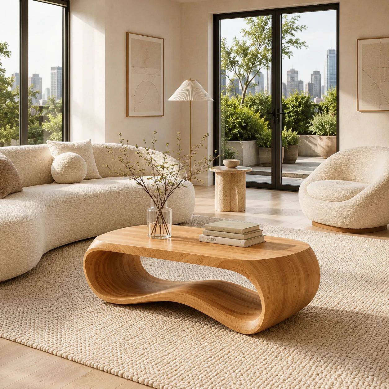 Statement coffee table with sweeping curves and sculptural base for elegant home interiors