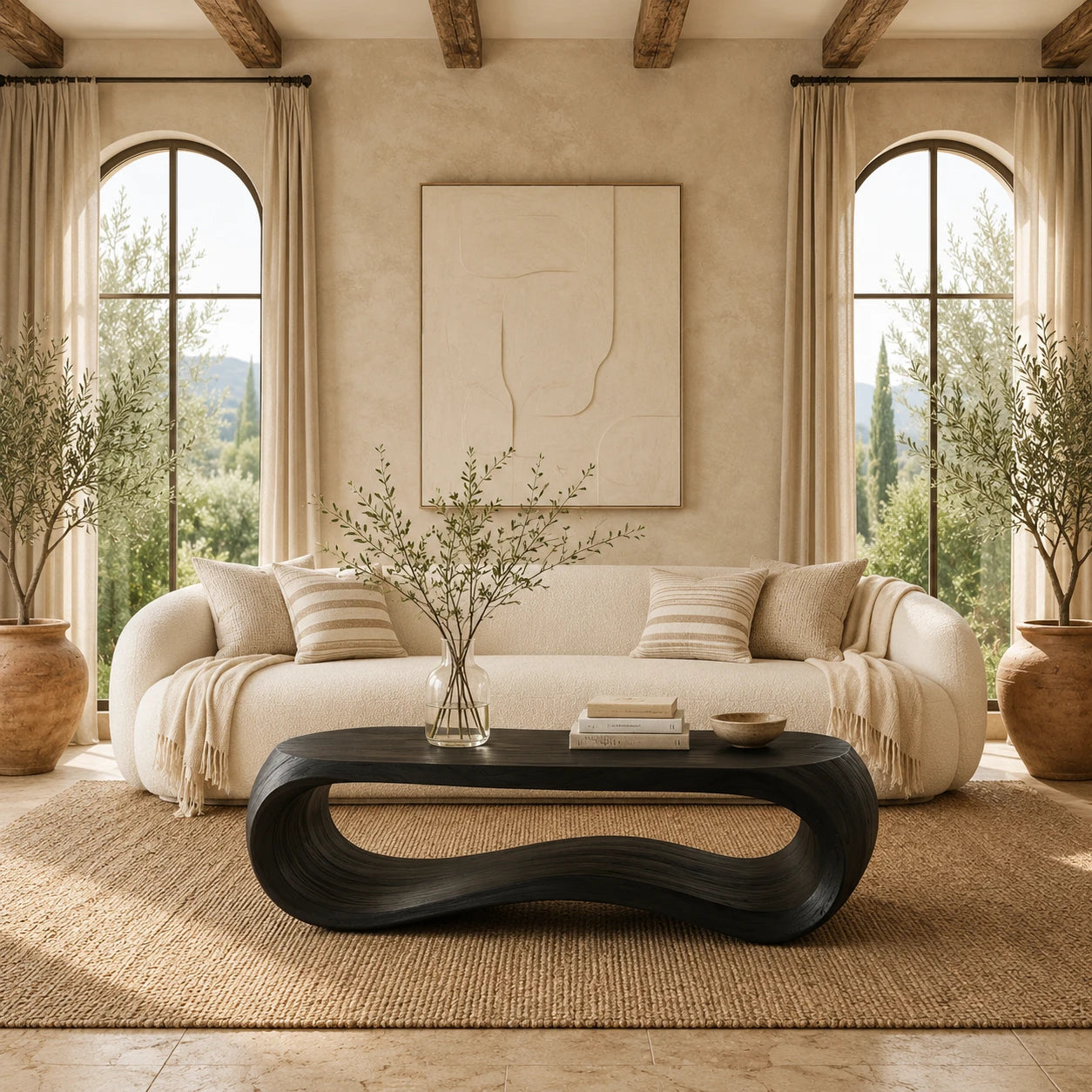 Contemporary coffee table with flowing wood profile and open center for bright interiors