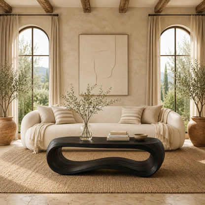 Contemporary coffee table with flowing wood profile and open center for bright interiors