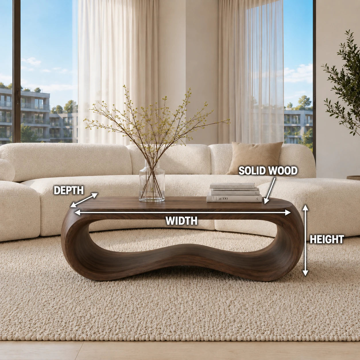 Artisan coffee table with smooth organic lines and bold solid wood form for stylish rooms