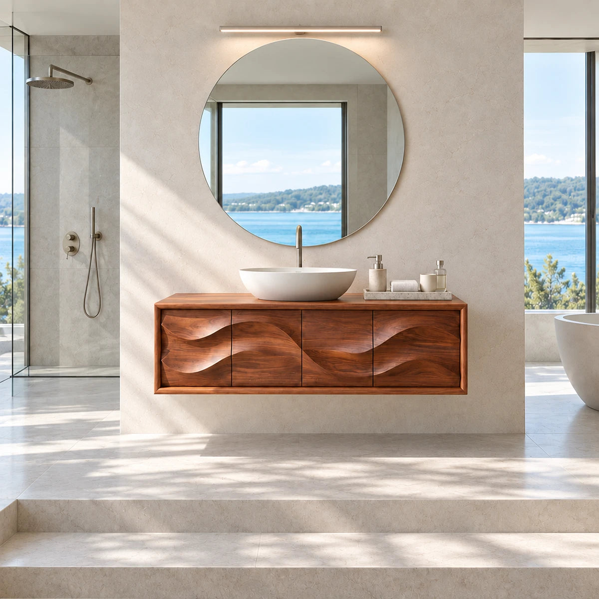 Organic modern vanity unit in natural solid wood with layered carved front rhythm